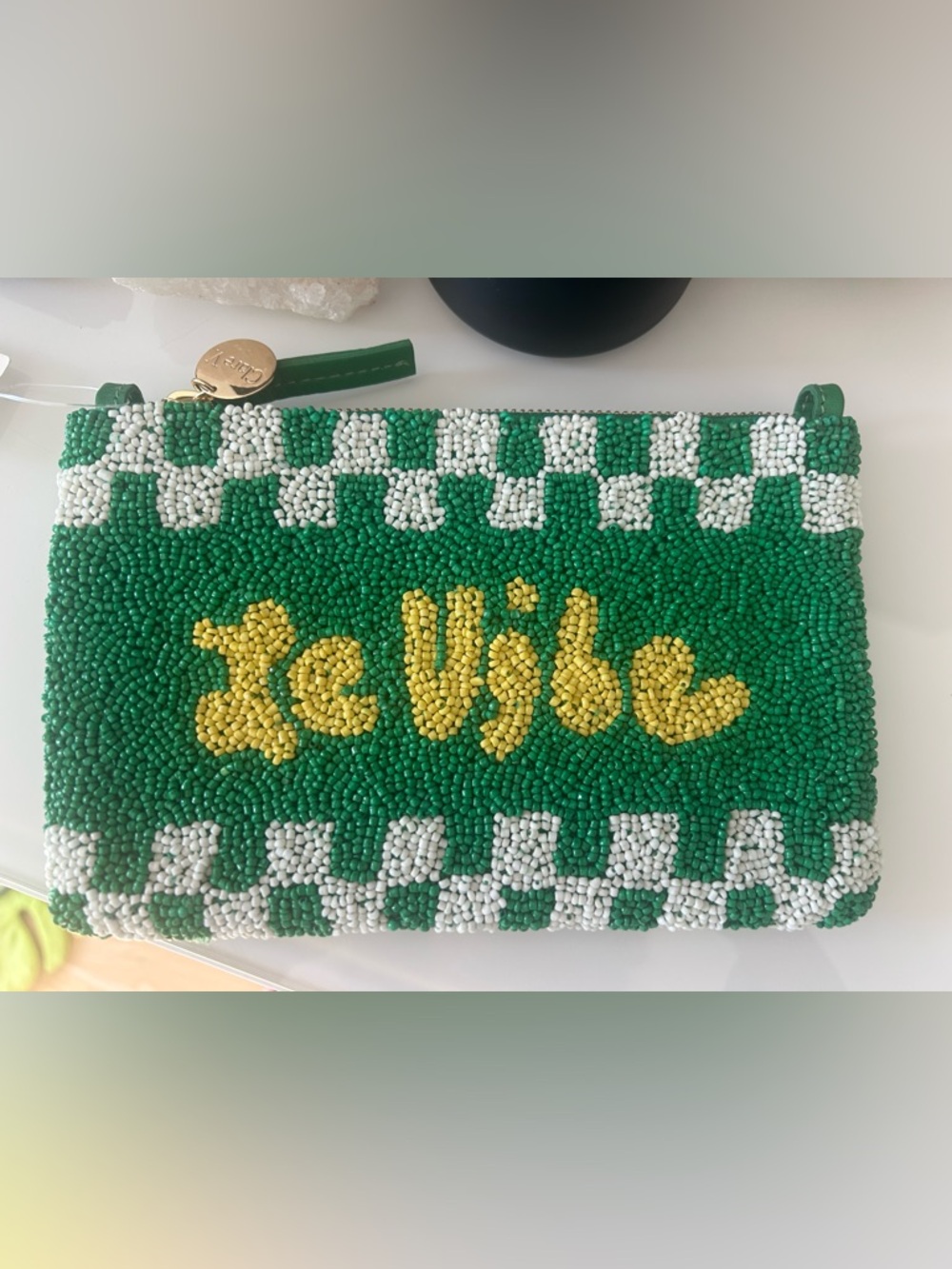 Clare V Green White Beaded 'Le Vibe' Clutch with Yellow Script